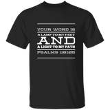 Bible Verse Men 5.3 oz. T-Shirt - "Psalm 119:105" Design 11 (White Font) - Meditate Healing Christian Store