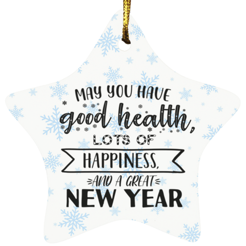 Durable MDF High-Gloss Christmas Ornament: May You Have Good Health, Lots of Happiness And A Great New Year (Design: Star-Blue Snowflake)