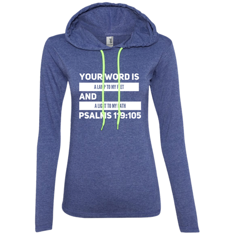 Bible Verse Ladies' Long Sleeve T-Shirt Hoodie - "Psalm 119:105" Design 21 (White Font) - Meditate Healing Christian Store