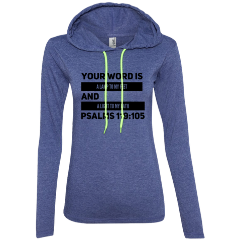 Bible Verse Ladies' Long Sleeve T-Shirt Hoodie - "Psalm 119:105" Design 21 (Black Font) - Meditate Healing Christian Store