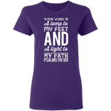 Bible Verse Ladies' 5.3 oz. T-Shirt - "Psalm 119:105" Design 3 (White Font) - Meditate Healing Christian Store