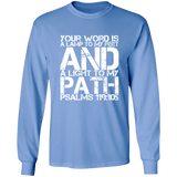 Bible Verse Long Shirt Ultra Cotton T-Shirt - "Psalm 119:105" Design 7 (White Font) - Meditate Healing Christian Store