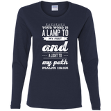 Bible Verse Ladies' Cotton Long Sleeve T-Shirt - "Psalm 119:105" Design 17 (White Font) - Meditate Healing Christian Store