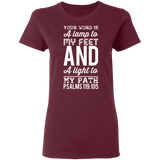 Bible Verse Ladies' 5.3 oz. T-Shirt - "Psalm 119:105" Design 3 (White Font) - Meditate Healing Christian Store