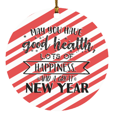 Durable MDF High-Gloss Christmas Ornament: May You Have Good Health, Lots Of Happiness And A Great New Year (Design: Round-Candy)