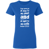 Bible Verse Ladies' 5.3 oz. T-Shirt - "Psalm 119:105" Design 6 (White Font) - Meditate Healing Christian Store