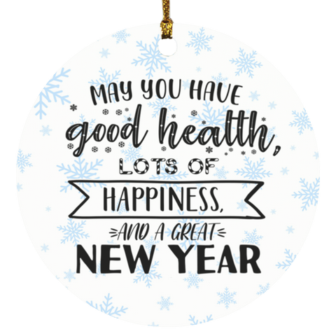 Durable MDF High-Gloss Christmas Ornament: May You Have Good Health, Lots Of Happiness And A Great New Year (Design: Round-Blue Snowflake)