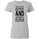 Bible Verse Ladies' 5.3 oz. T-Shirt - "Psalm 119:105" Design 3 (Black Font) - Meditate Healing Christian Store