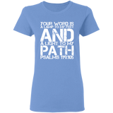 Bible Verse Ladies' 5.3 oz. T-Shirt - "Psalm 119:105" Design 7 (White Font) - Meditate Healing Christian Store