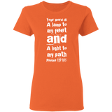 Bible Verse Ladies' 5.3 oz. T-Shirt - "Psalm 119:105" Design 6 (White Font) - Meditate Healing Christian Store
