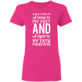 Bible Verse Ladies' 5.3 oz. T-Shirt - "Psalm 119:105" Design 3 (White Font) - Meditate Healing Christian Store