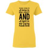 Bible Verse Ladies' 5.3 oz. T-Shirt - "Psalm 119:105" Design 3 (Black Font) - Meditate Healing Christian Store