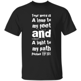 Bible Verse Men 5.3 oz. T-Shirt - "Psalm 119:105" Design 6 (White Font) - Meditate Healing Christian Store