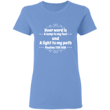 Bible Verse Ladies' 5.3 oz. T-Shirt - "Psalm 119:105" Design 1 (White Font) - Meditate Healing Christian Store