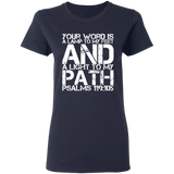 Bible Verse Ladies' 5.3 oz. T-Shirt - "Psalm 119:105" Design 7 (White Font) - Meditate Healing Christian Store
