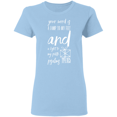 Bible Verse Ladies' 5.3 oz. T-Shirt - "Psalm 119:105" Design 18 (White Font) - Meditate Healing Christian Store