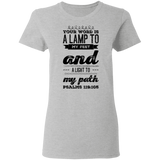 Bible Verse Ladies' 5.3 oz. T-Shirt - "Psalm 119:105" Design 17 (Black Font) - Meditate Healing Christian Store