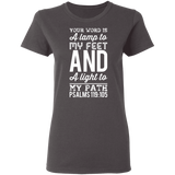 Bible Verse Ladies' 5.3 oz. T-Shirt - "Psalm 119:105" Design 3 (White Font) - Meditate Healing Christian Store