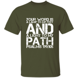 Bible Verse Men 5.3 oz. T-Shirt - "Psalm 119:105" Design 7 (White Font) - Meditate Healing Christian Store