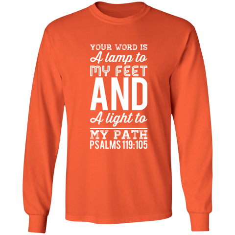 Bible Verse Long Shirt Ultra Cotton T-Shirt - "Psalm 119:105" Design 3 (White Font) - Meditate Healing Christian Store