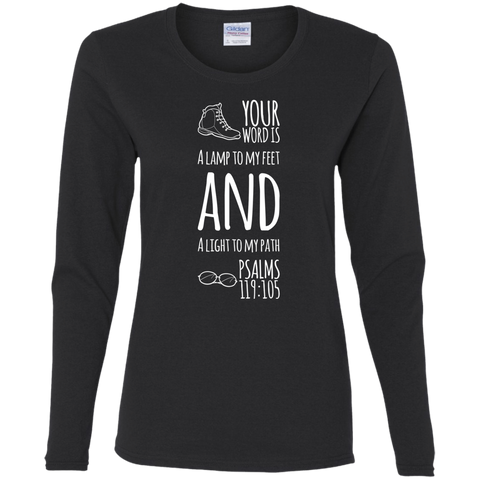 Bible Verse Ladies' Cotton Long Sleeve T-Shirt - "Psalm 119:105" Design 20 (White Font) - Meditate Healing Christian Store