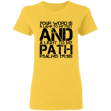 Bible Verse Ladies' 5.3 oz. T-Shirt - "Psalm 119:105" Design 7 (Black Font) - Meditate Healing Christian Store