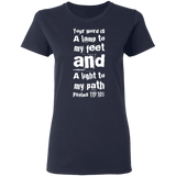 Bible Verse Ladies' 5.3 oz. T-Shirt - "Psalm 119:105" Design 6 (White Font) - Meditate Healing Christian Store