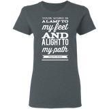 Bible Verse Ladies' 5.3 oz. T-Shirt - "Psalm 119:105" Design 15 (White Font) - Meditate Healing Christian Store