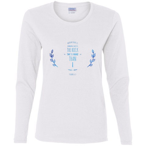 Bible Verse Ladies' Cotton Long Sleeve T-Shirt - "Psalm 61:2" Design 10 - Meditate Healing Christian Store