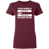 Bible Verse Ladies' 5.3 oz. T-Shirt - "Psalm 119:105" Design 21 (White Font) - Meditate Healing Christian Store