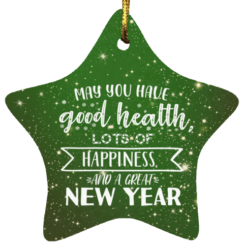 Durable MDF High-Gloss Christmas Ornament: May You Have Good Health, Lots of Happiness And A Great New Year (Design: Star-Green)