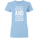 Bible Verse Ladies' 5.3 oz. T-Shirt - "Psalm 119:105" Design 3 (White Font) - Meditate Healing Christian Store