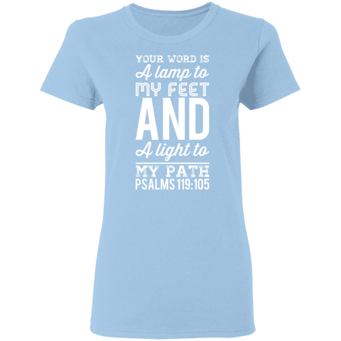 Bible Verse Ladies' 5.3 oz. T-Shirt - "Psalm 119:105" Design 3 (White Font) - Meditate Healing Christian Store