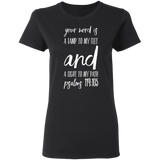 Bible Verse Ladies' 5.3 oz. T-Shirt - "Psalm 119:105" Design 9 (White Font) - Meditate Healing Christian Store