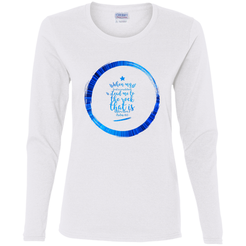 Bible Verse Ladies' Cotton Long Sleeve T-Shirt - "Psalm 61:2" Design 15 - Meditate Healing Christian Store