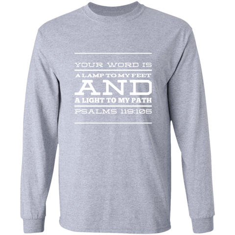 Bible Verse Long Shirt Ultra Cotton T-Shirt - "Psalm 119:105" Design 11 (White Font) - Meditate Healing Christian Store