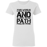 Bible Verse Ladies' 5.3 oz. T-Shirt - "Psalm 119:105" Design 7 (Black Font) - Meditate Healing Christian Store