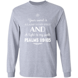 Bible Verse Long Shirt Ultra Cotton T-Shirt - "Psalm 119:105" Design 5 (White Font) - Meditate Healing Christian Store