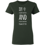Bible Verse Ladies' 5.3 oz. T-Shirt - "Psalm 119:105" Design 19 (White Font) - Meditate Healing Christian Store