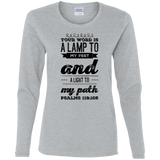 Bible Verse Ladies' Cotton Long Sleeve T-Shirt - "Psalm 119:105" Design 17 (Black Font) - Meditate Healing Christian Store