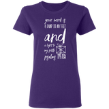 Bible Verse Ladies' 5.3 oz. T-Shirt - "Psalm 119:105" Design 18 (White Font) - Meditate Healing Christian Store