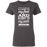 Bible Verse Ladies' 5.3 oz. T-Shirt - "Psalm 119:105" Design 15 (White Font) - Meditate Healing Christian Store