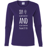 Bible Verse Ladies' Cotton Long Sleeve T-Shirt - "Psalm 119:105" Design 19 (White Font) - Meditate Healing Christian Store