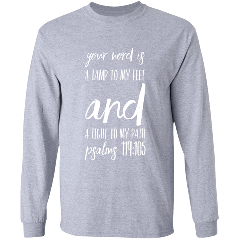 Bible Verse Long Shirt Ultra Cotton T-Shirt - "Psalm 119:105" Design 9 (White Font) - Meditate Healing Christian Store