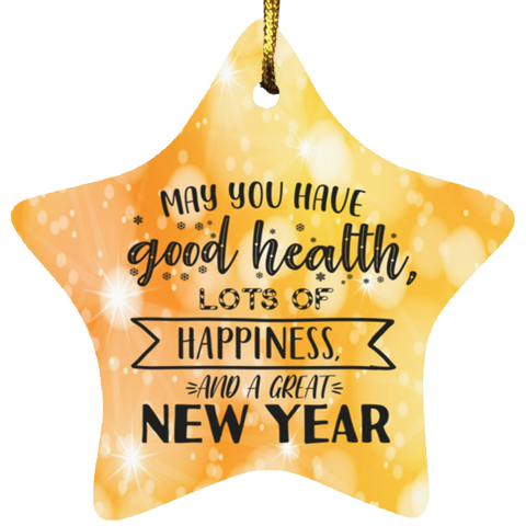 Durable MDF High-Gloss Christmas Ornament: May You Have Good Health, Lots of Happiness And A Great New Year (Design: Star-Orange)
