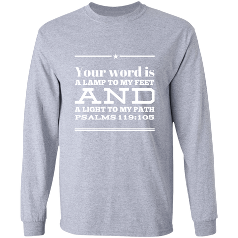 Bible Verse Long Shirt Ultra Cotton T-Shirt - "Psalm 119:105" Design 10 (White Font) - Meditate Healing Christian Store