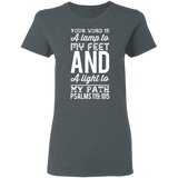 Bible Verse Ladies' 5.3 oz. T-Shirt - "Psalm 119:105" Design 3 (White Font) - Meditate Healing Christian Store