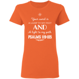 Bible Verse Ladies' 5.3 oz. T-Shirt - "Psalm 119:105" Design 5 (White Font) - Meditate Healing Christian Store