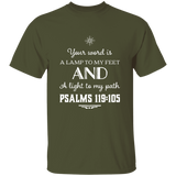 Bible Verse Men 5.3 oz. T-Shirt - "Psalm 119:105" Design 5 (White Font) - Meditate Healing Christian Store