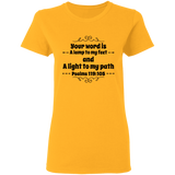 Bible Verse Ladies' 5.3 oz. T-Shirt - "Psalm 119:105" Design 1 (Black Font) - Meditate Healing Christian Store